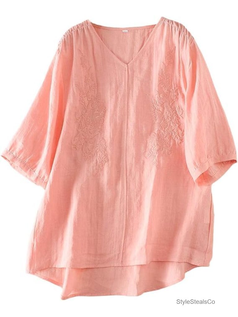 Linen Embroidery Blouse V-Neck Tunic Elbow Sleeve Shirt